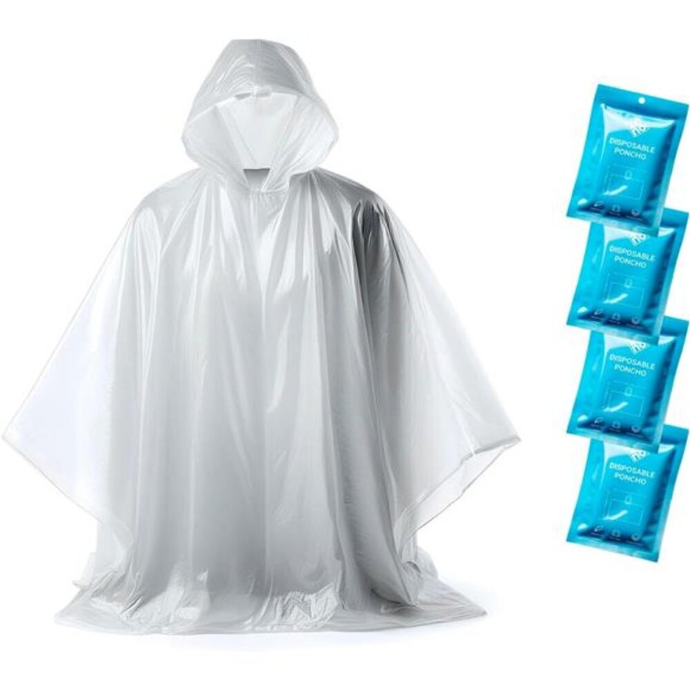 Disposable Rain Ponchos Adults Clear Hood Emergency Travel Hiking Camping 4 Pack